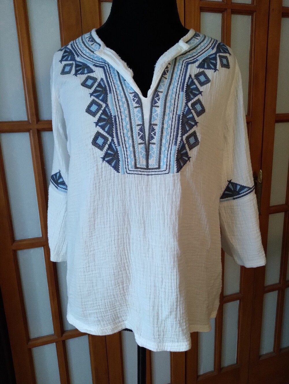Women's White And Blue Boho Peasant Top 100% Cotton Gause, Sz M By Solitare